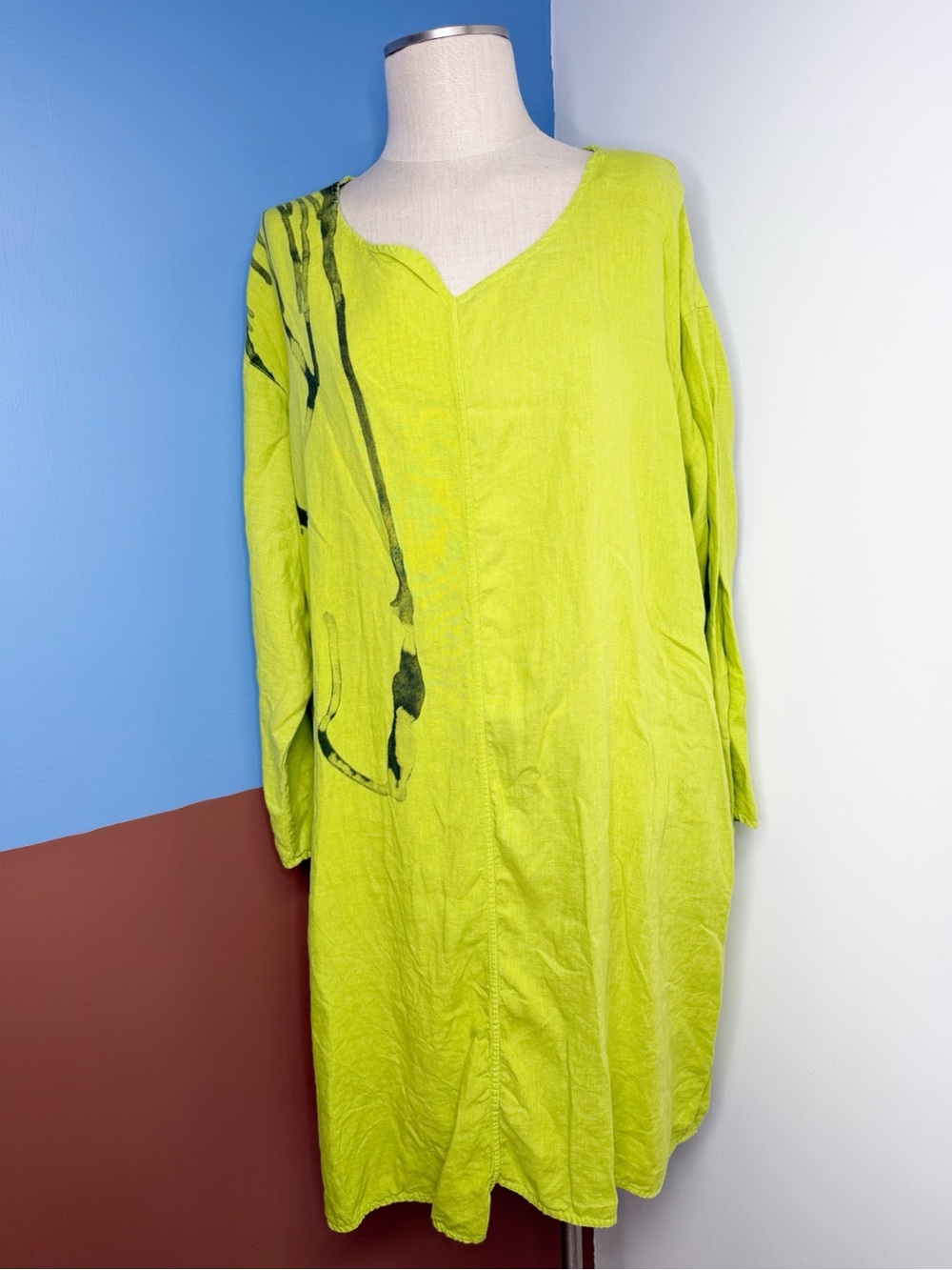 Grizas Lime Green Artique Long Sleeve Linen Dress Size XL